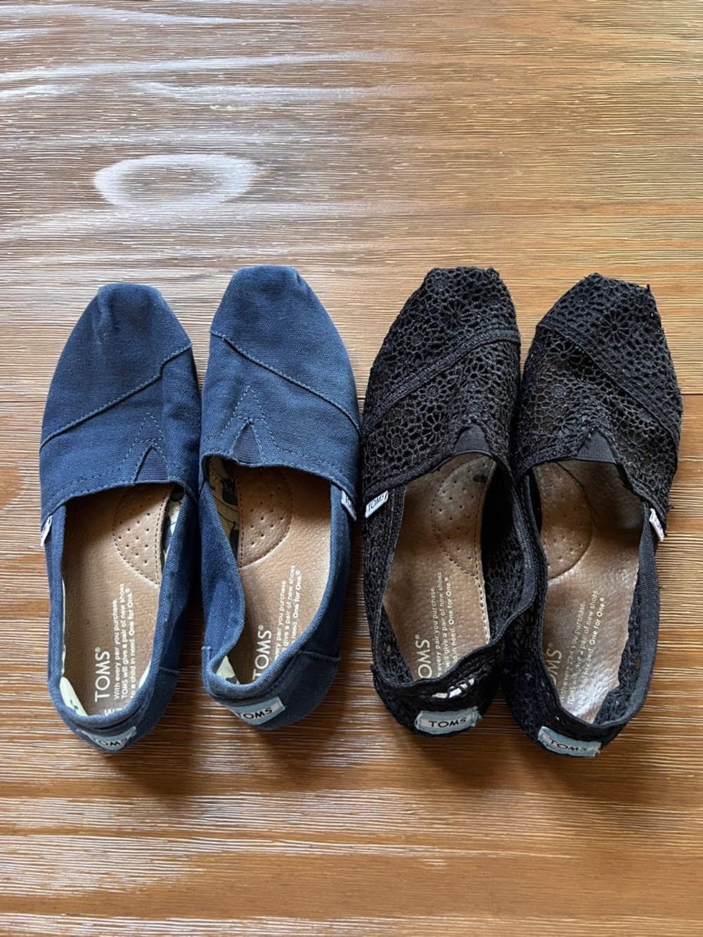 TOMS Pair Pack — Navy Canvas & Black Crochet Slip-Ons
